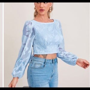 🌸Open Back Floral Sheer Puffed Sleeves Blouse